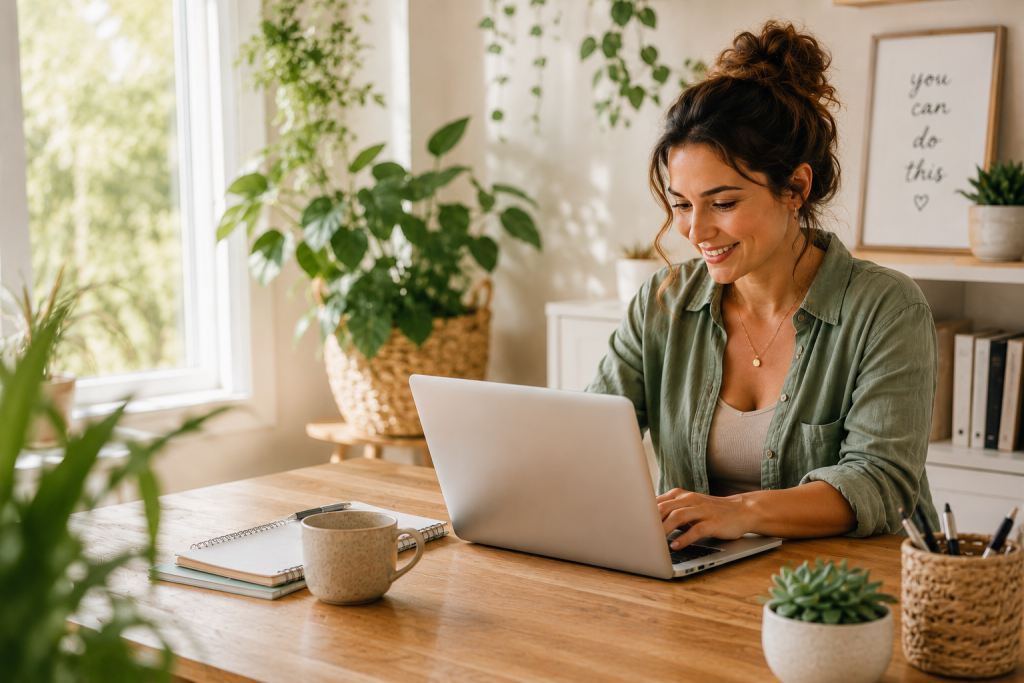 A woman sitting looking at her laptop getting started online