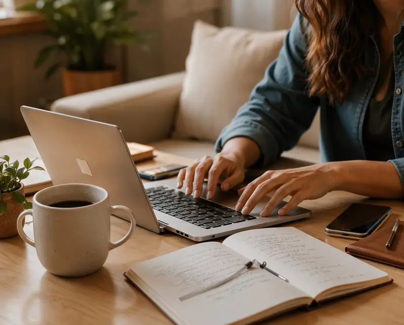 Her Place business directory searching on a laptop