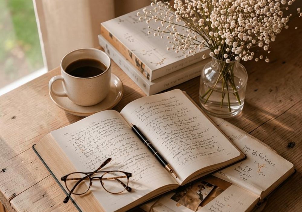 booklets and notebooks and a cuppa on a table
